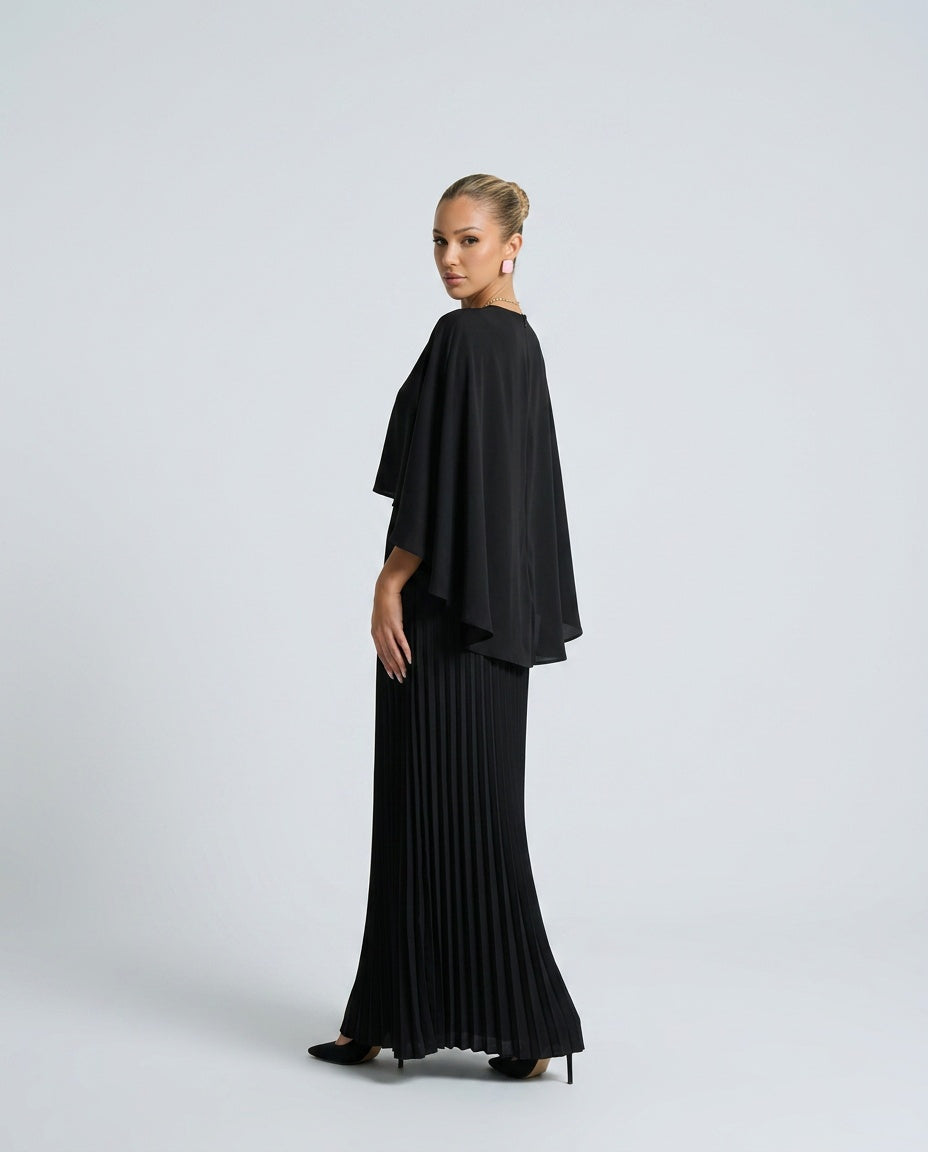 Pleated Cape Overlay Maxi Dress