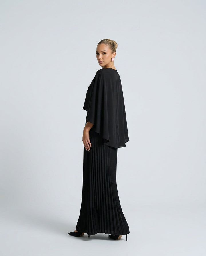 Pleated Cape Overlay Maxi Dress